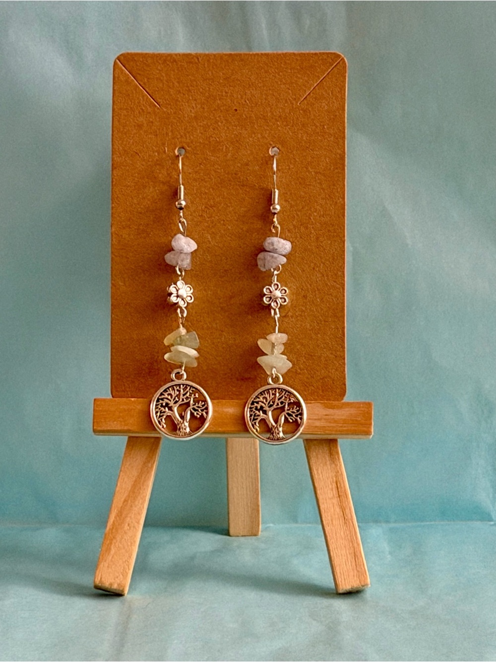Tree of Life Dangle Earrings with Pale Green and Beige Beads